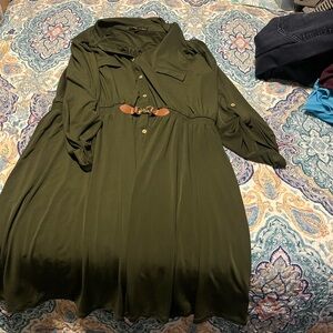 Green A-Line Long Sleeve Dress with Notched Collar